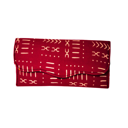 Slim African Fabric Wrapped Clutch Purse - Mudcloth: Red