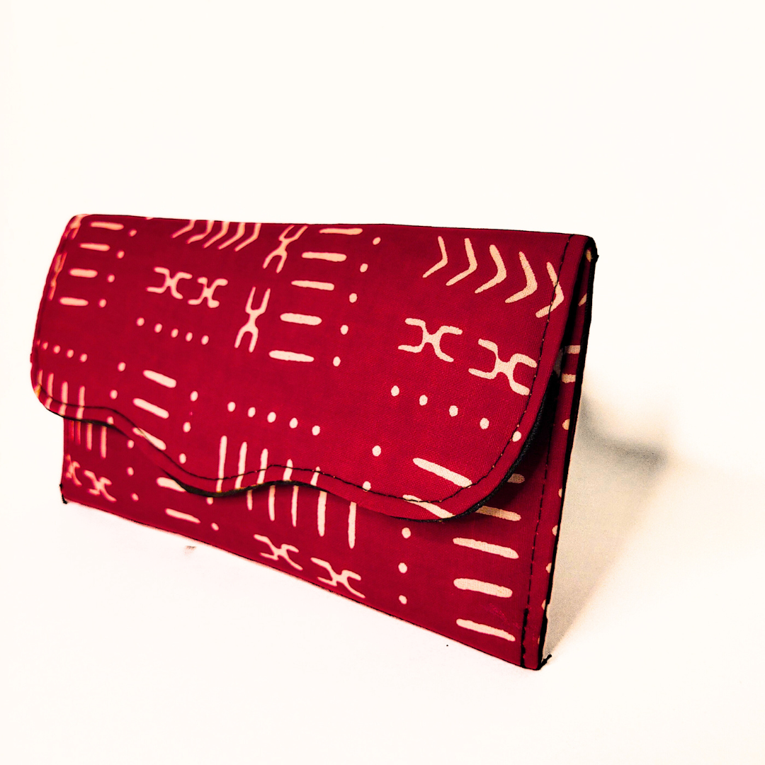 Slim African Fabric Wrapped Clutch Purse - Mudcloth: Red