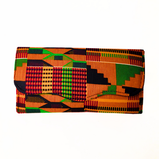 Slim African Fabric Wrapped Clutch Purse - Kente: Classic Orange