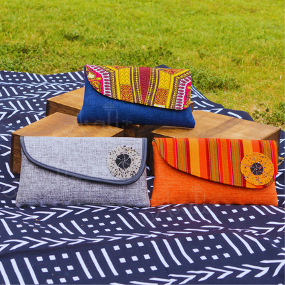 Handmade African Purse Clutches with Kenyan Maasai Fabric Overlay and Beaded Charm