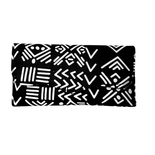 Slim African Fabric Wrapped Clutch Purses - Black & White Mudcloth Print