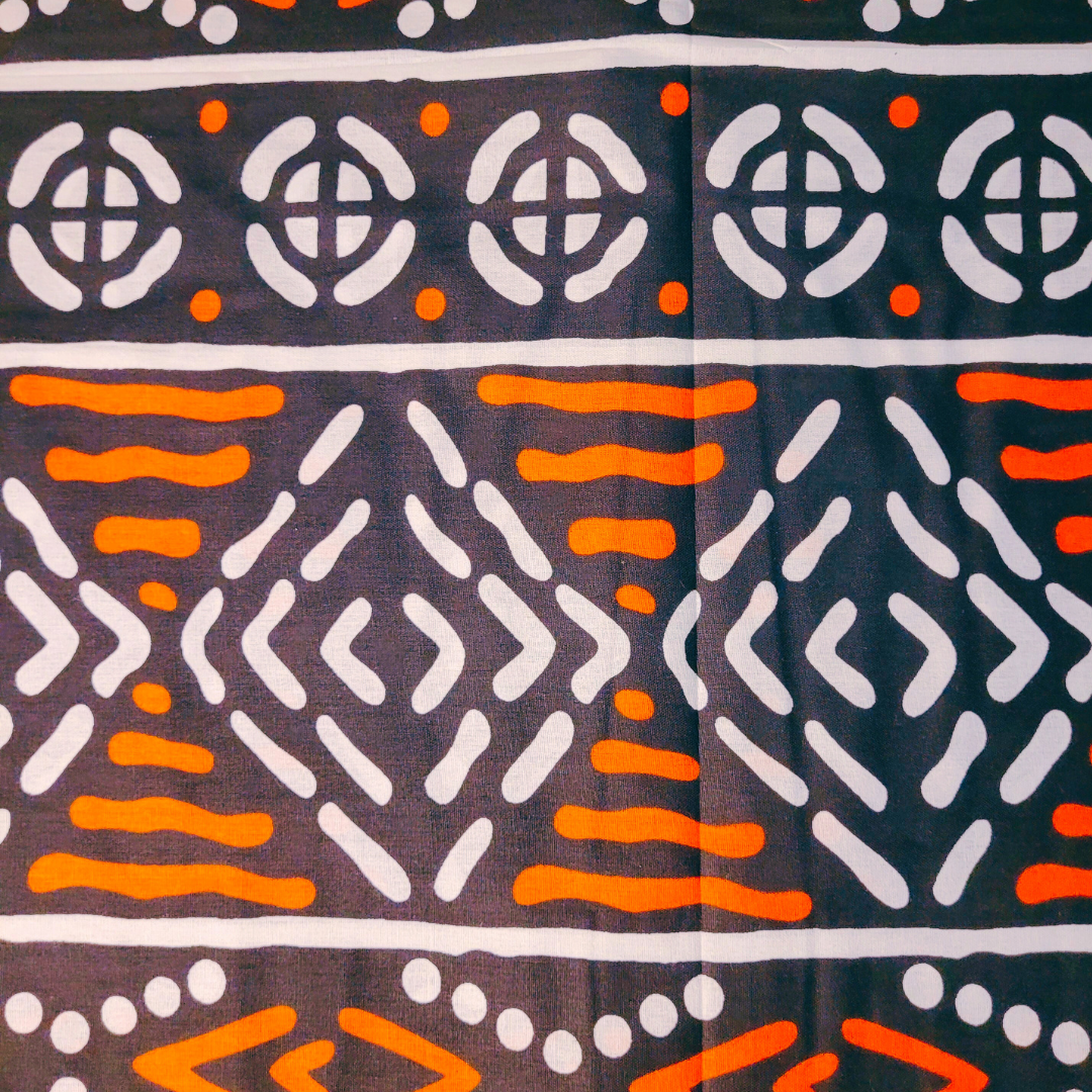 African Fabrics By the Yard - Mudcloth Print - Orange, Black and White