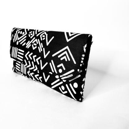 Slim African Fabric Wrapped Clutch Purses - Black & White Mudcloth Print