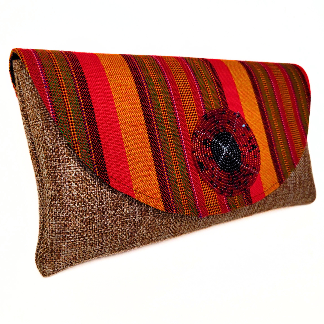 Handmade African Purse Clutches with Kenyan Maasai Fabric Overlay and Beaded Charm