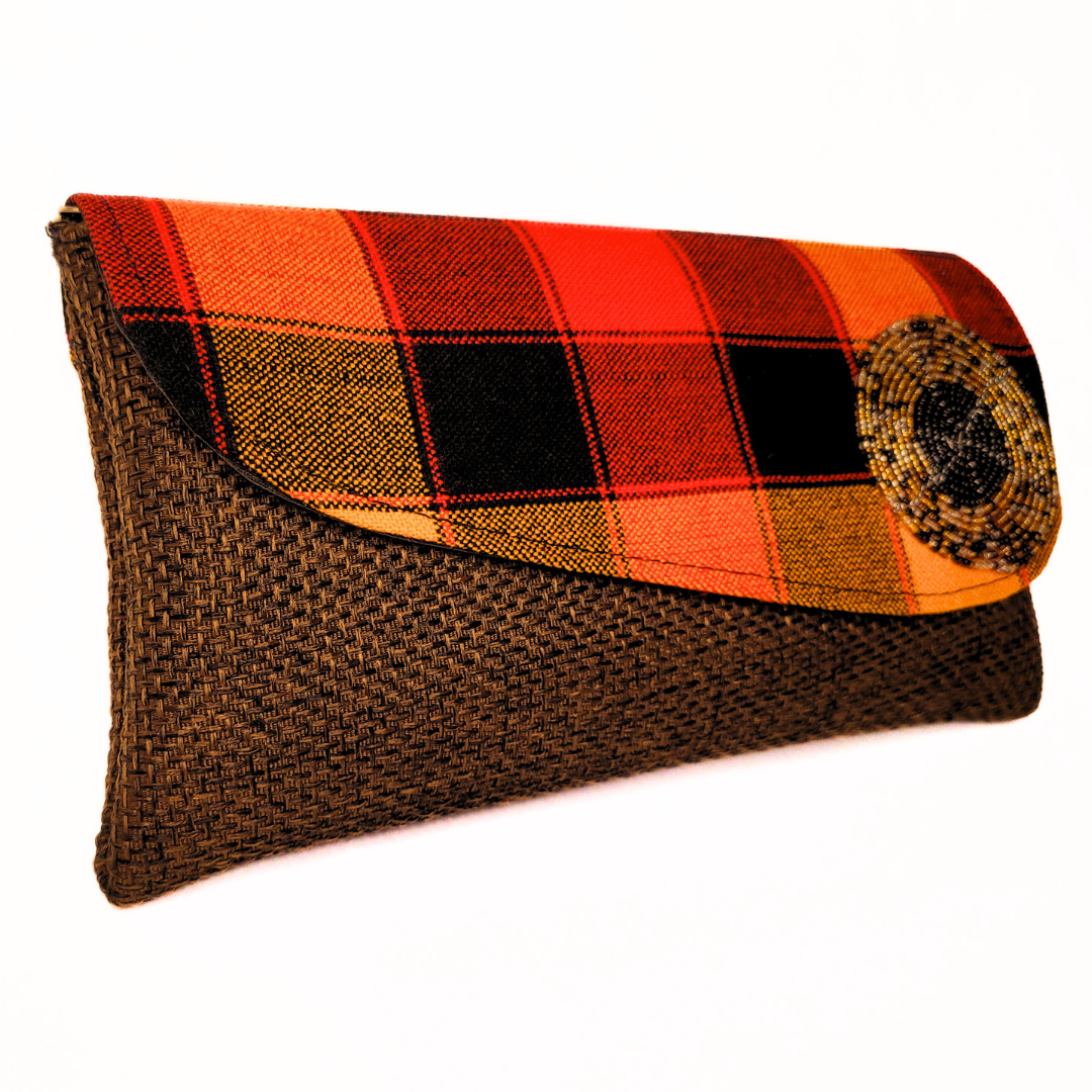 Handmade African Purse Clutches with Kenyan Maasai Fabric Overlay and Beaded Charm