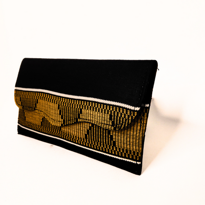 Slim African Fabric Wrapped Clutch Purses - Ankara: Black & Gold