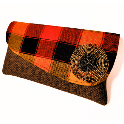 Handmade African Purse Clutches with Kenyan Maasai Fabric Overlay and Beaded Charm