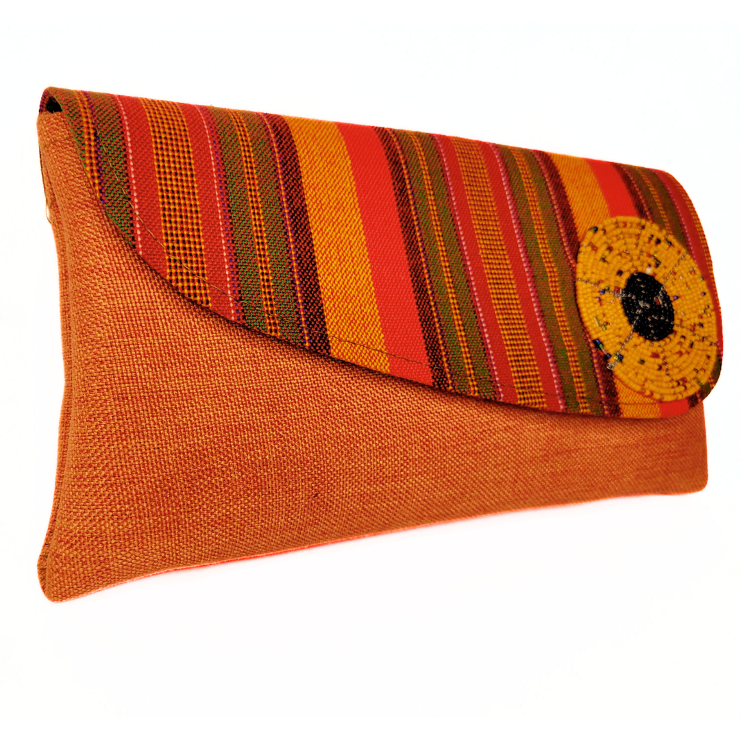 Handmade African Purse Clutches with Kenyan Maasai Fabric Overlay and Beaded Charm