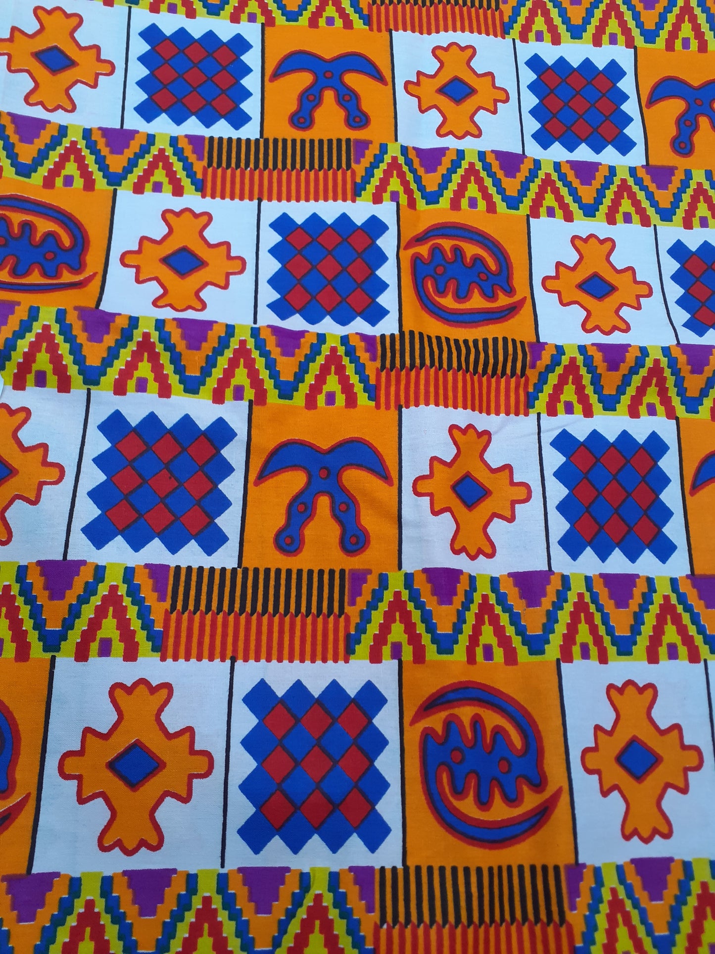 African Kente Fabric Print, Blue, Red, Green, White, Yellow